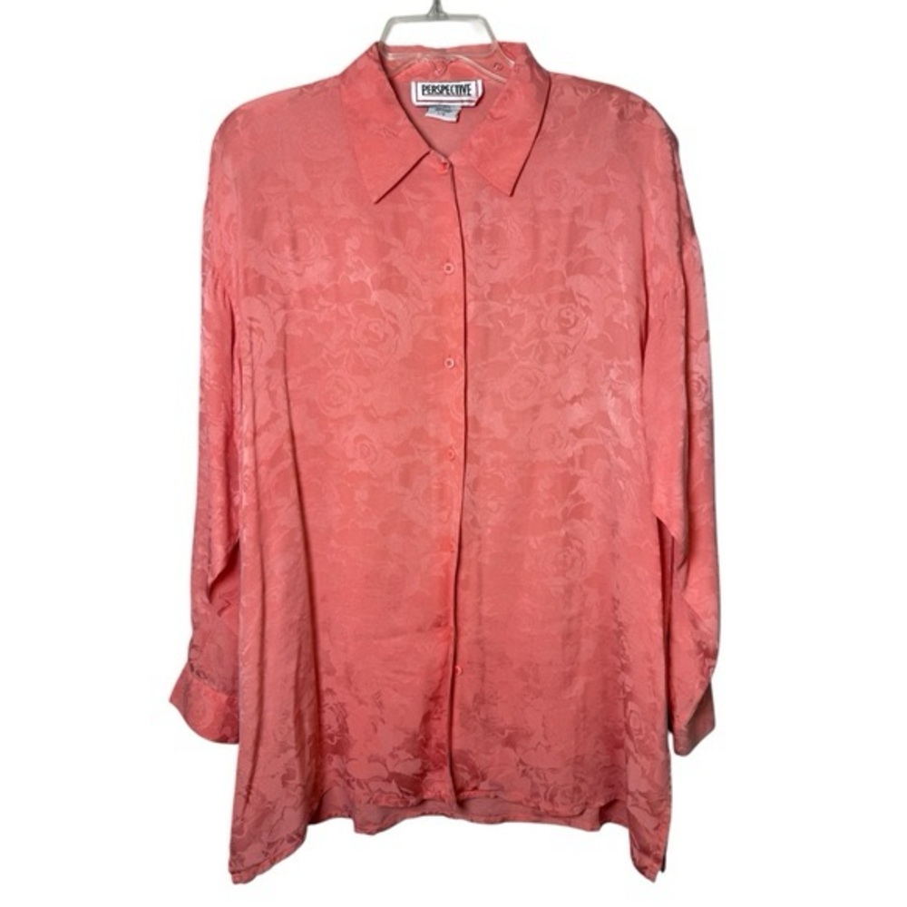 Vintage 80s Iridescent Rose Floral Silk Shirt Size Large Coral Pink